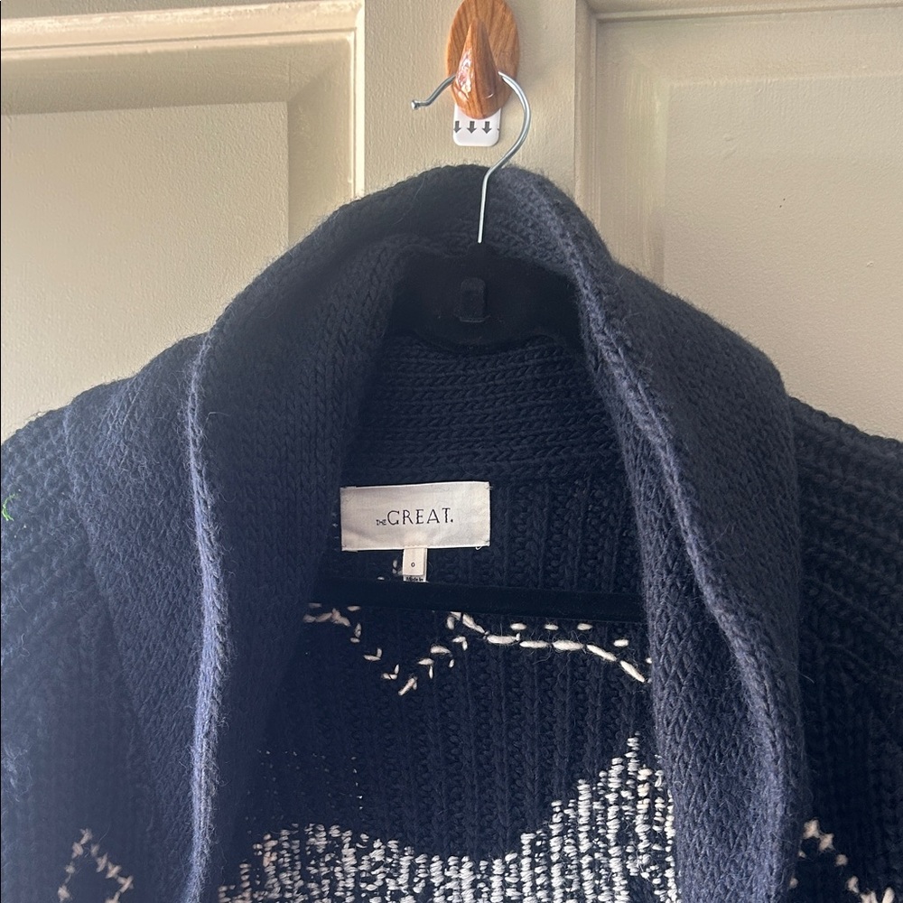 Greats Navy Shawl Collar Cardigan with White Animal Motif - Picture 3 of 8